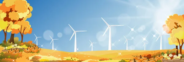 早晨阳光灿烂的村庄风车农场秋景 山丘上发电用涡轮机 风力发电用替代能源发电的向量农场土地 — 图库矢量图片