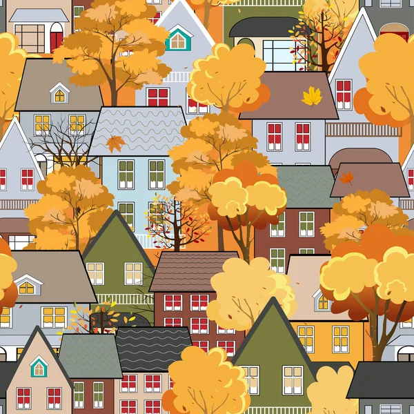 Pola Mulus Cityscape Musim Gugur Kota Dengan Rumah Dongeng Pohon - Stok Vektor