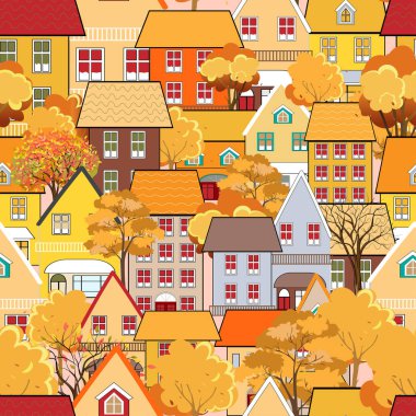 Peri masalı evleri, turuncu yapraklı ağaçlar ve sonbahar mevsiminde şirin çizgi film evleri olan kusursuz sonbahar şehir manzarası. Güz arkaplanı için tekrarlanan desen.
