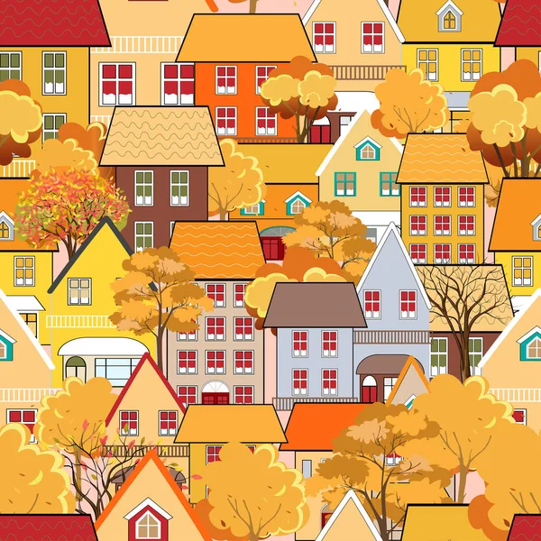 Seamless pattern Autumn cityscape in the town with fairy tale houses,trees in orange and yellow leaves, Cute cartoon house in fall season in flat design.Repeat pattern for Autumnal background