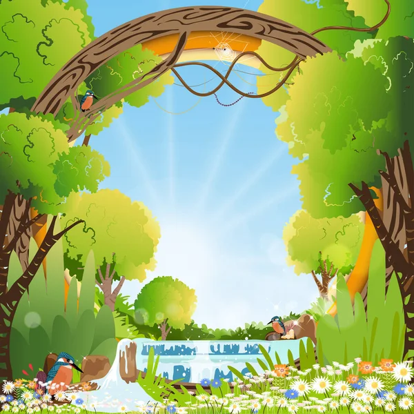 Vector Paper cut landscape in spring season with waterfall, Kingfisher bird standing looking for fish and some standing on branches tree, Cute cartoon of peaceful wildlife in forest summer