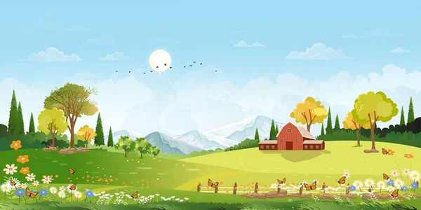 Paisaje Primavera Pueblo Con Campo Verde Prado Flores Mariposas Colinas — Vector de stock