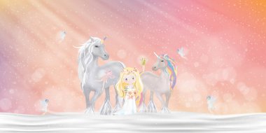 Unicorn with little fairies flying and cute princess walking on snow at magic wonderland,Cartoon fantasy winter landscape for Merry Christmas or Happy New Year greeting card for kids clipart