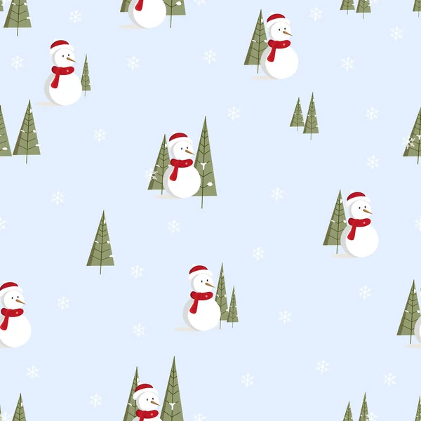 淡淡的雪人 蓝底的松树和雪花 可爱的冬季漫画书 圣诞或新年包装纸 装饰品的重复图案背景 — 图库矢量图片