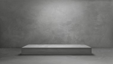 Gri bir duvarı ve 3 boyutlu podyum modellemesi olan stüdyo odası, zeminin arka plan gri çimento dokusu, çatlak desenli Gri Beton yüzeyinin vektör 3 boyutlu arka planı. Çatı katı tasarımı konsepti için pankart