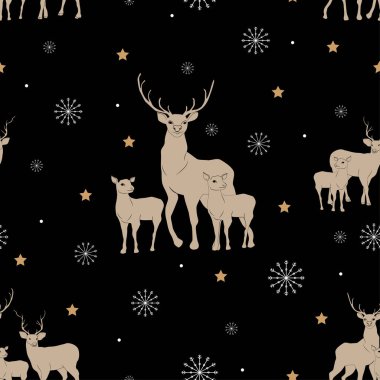 Christmas seamless pattern with reindeer, star and snowflakes on black background,Vector repeat Winter night with deers family and snow falling.illustration cartoon for Children Background of Wallpaper, Wrapping, Textile,Clothes