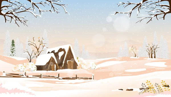 Winter Wonderland Landscape Farm Fields Farm House Sunrise Vector Cartoon — Vetor de Stock