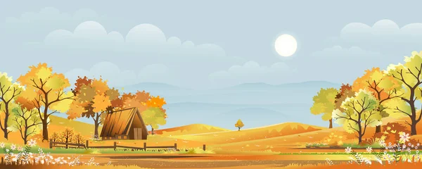Осенний Панорамный Пейзаж Сельской Местности Весеннем Поле Фермы Панорамный Вид — стоковый вектор