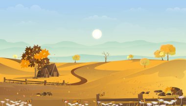 Çiftlik evi, dağ, mavi gökyüzü ve köydeki bulutlu sonbahar manzarası, güneşli bir günde tarım arazisindeki kır arazileri, sonbahar dönemi için çizgi film vektör ilüstrasyon afişi veya sonbahar arkaplanı