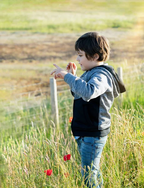 Portrait Petit Garçon Heureux Avec Sourire Tenant Herbe Sauvage Enfant — Photo