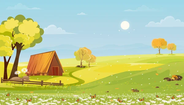 青空と村の雲と春の風景 晴れた日に農地でコテージと農村のフィールド 春や夏の季節の背景のための漫画ベクトルイラストバナー — ストックベクタ