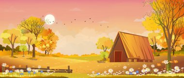 Vector Autumn (Sonbahar) ahşap ahır ve bulutlu sisli orman ağaçları, Orange ve Pembe gökyüzü, Resmedilmiş huzurlu kırsal alan, güz sezonu için gün doğumuyla birlikte çizgi film kırsalları