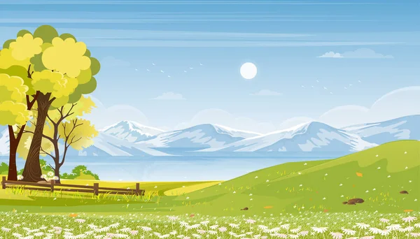 Весенний Сельский Пейзаж Зеленый Луг Холмах Облаками Голубым Небом Векторный — стоковый вектор