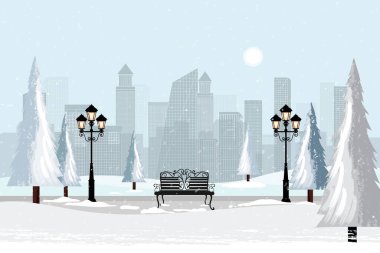 Modern bina ve kar yağışı ile kış şehir parkı, kışın vektör karikatür arka planı sokak lambası ve metal banklı park manzarası. Yeni yıl ve Noel için tebrik kartı.