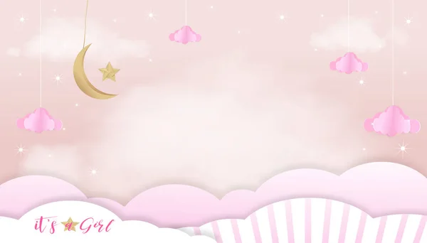 ピンクの背景に赤ちゃんの女の子のシャワーカードのためのベクトル かわいい紙アート抽象的な折り紙の雲 三日月とピンクの空にかかっている星 赤ちゃんの写真のためのコピースペースとふわふわの雲 — ストックベクタ