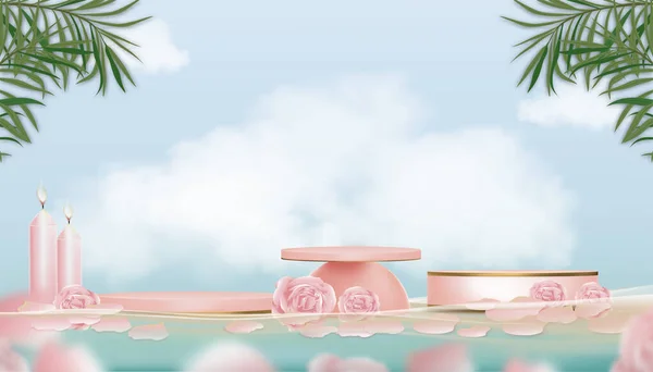 桃のシリンダー付きのスタジオルーム ピンクのバラ ヤシの葉と青空の背景に雲と海のビーチでキャンドル 化粧品やスパ製品のためのベクトル3D背景プレゼンテーション — ストックベクタ
