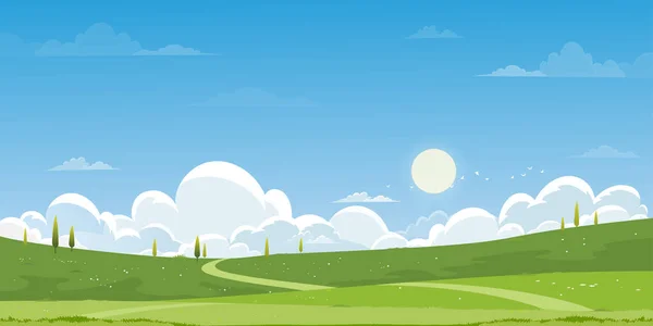 Jarní Zelená Pole Krajina Horami Modrá Obloha Mraky Pozadí Panorama — Stockový vektor