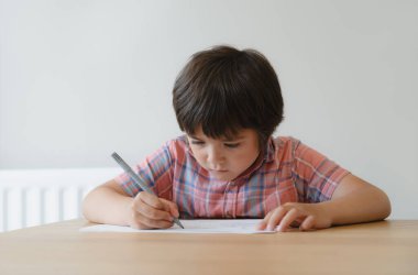 Beyaz kağıt üzerinde kalem çizimi yapan öğrenci, okul ödevi yapan küçük çocuk, hafta sonları evde sanat ve el sanatları yapmaktan hoşlanan mutlu ırk çocuğu. Evde eğitim, eğitim kavramı