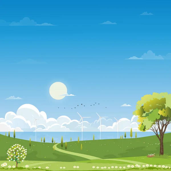 Primavera Paesaggio Rurale Prato Verde Colline Con Nuvole Cielo Blu — Vettoriale Stock