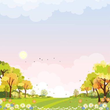 İlkbahar harikalar diyarı sabah çim arazisi, Vector Yaz zamanı parkta çimen tarlası ve çiçek açan yeşil park, doğal tatil ortamı, çocuklar için şirin doğal zemin