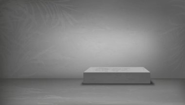 Gri duvarda podyum ve palmiye yaprakları olan boş stüdyo odası, zeminin arka plan gri çimento dokusu, çatlak desenli Gri Beton yüzeyinin vektör 3 boyutlu arka planı. Çatı katı tasarımı için pankart 