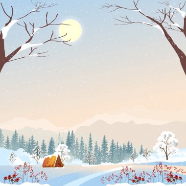 Ağaçlık ormanda sisli çam ağaçlarının siluetlerini içeren kış harikalar diyarı haritası, Noel için minimalist tarzda barışçıl illüstrasyon sancağının taşıyıcı illüstrasyonu, yeni yıl 2022 arka planı