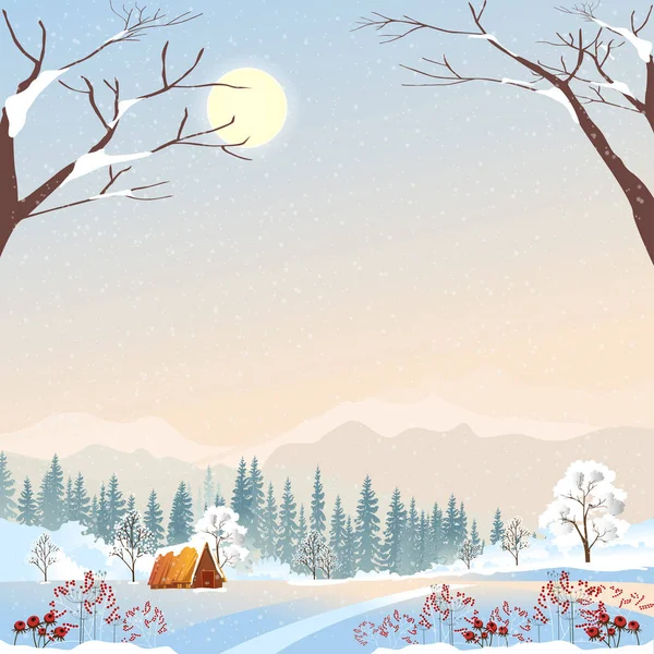 Winter Wonderland Landschaft Karte Mit Silhouetten Von Nebligen Kiefern Wald — Stockvektor