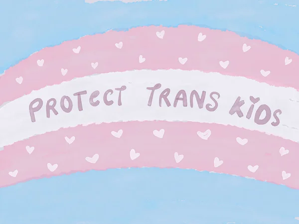 Suluboya Transseksüel gurur bayrağı mavi, pembe ve beyaz içinde ProTECT TRANS KDS alıntısı var. Transseksüel Anma Günü için illüstrasyon afişi, 20 Kasım
