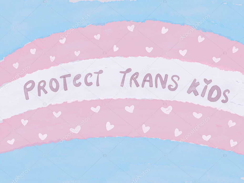 Watercolour Transgender pride flag in blue, pink and white with a quote PROTECT TRANS KIDS. Illustration banner for Transgender Day of Remembrance backgound, November 20