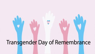 Çok çeşitli eller pembe arka planda kalp şeklinde mavi, pembe ve beyaz olarak büyütüldü. Transseksüel Anma Günü için illüstrasyon pankartı, 20 Kasım