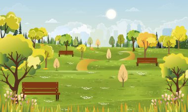 Sabah şehir parkında bahar manzarası, bahçede çiçek açan doğal halk parkı, yaz mevsiminde bulanık şehir binası, bulutlu ve güneşli yeşil alanlar.