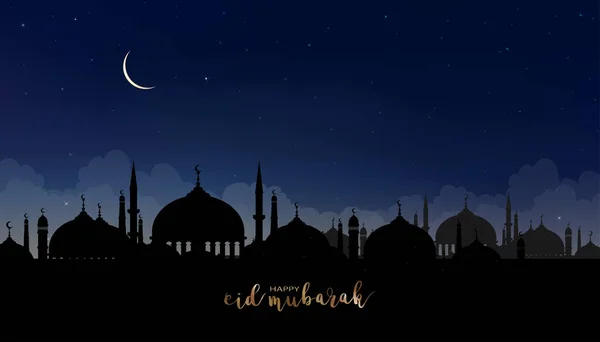 Kartu Idul Mubarak Dengan Masjid Siluet Dome Pada Malam Yang - Stok Vektor