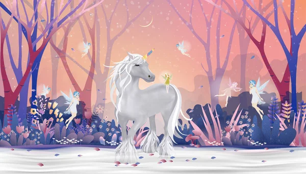 Fantasy Winter Wonderland Fairy Flying Playing Unicorn Christmas Night Magic — стоковый вектор