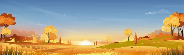 青とオレンジの空を背景にした夜の田園風景 日の出と森の木と草原の田園地帯でのベクトル漫画の秋の季節 背景自然 — ストックベクタ