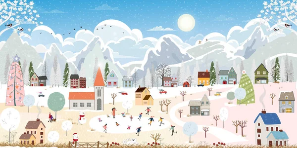 Winterlandschaft Dorf Weihnachten Und Neujahr Der Stadt Gefeiert Vektor Des — Stockvektor