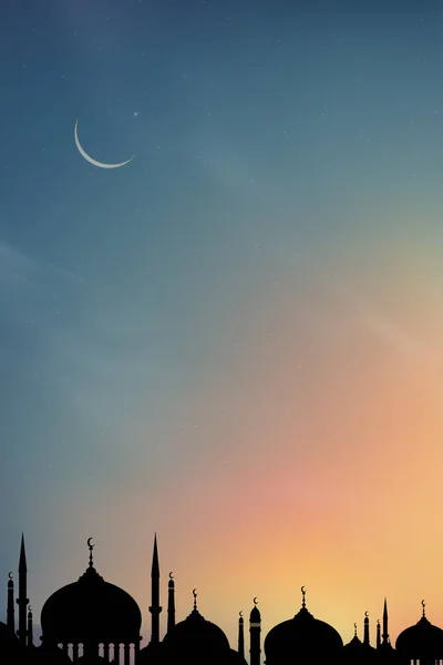 Eid Mubarak Card Silhouette Dome Mosques Night Crescent Moon Dark — Stock Vector