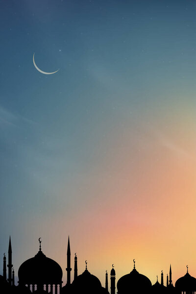 Eid Mubarak card, Silhouette Dome Mosques at night with crescent moon, dark blue sky,Vector banner background for Islamic religions ,Eid al-Adha, Eid al-fitr, Happy muharram, Islamic new year