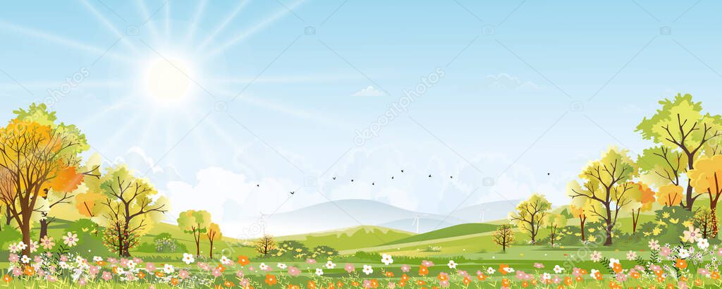 Spring landscape in village with green field and sunset,Vector flat cartoon rural farmland with mountain, forest, blue sky, Natural scene in countryside,Panorama view on sunny day Summer