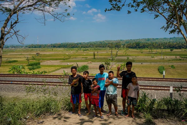 Счастливые Дети Ждут Поезда Пройти Через Красивую Сельскую Местность Рисовые — стоковое фото