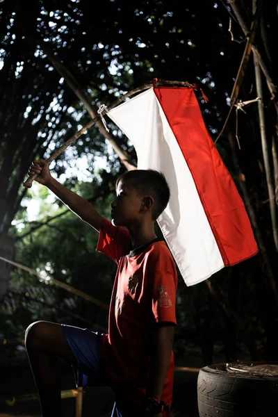 Fotografia Conceitual Crianças Aldeia Que Estão Animadas Brincam Edição Independência — Fotografia de Stock