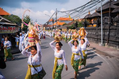Bali, Endonezya - 08 Mart 2024: Geleneksel kıyafetler giyen yerli Balili kadınlar, Bali 'deki tüm Hindular tarafından düzenlenen Nyepi bayramını karşılamak için düzenlenen Melasti törenini gerçekleştiriyorlar..