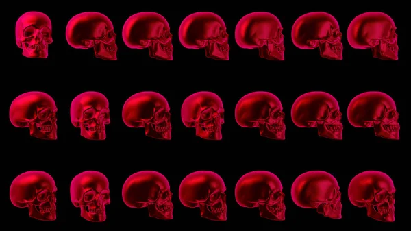 Halloween scary background. Red human skulls on black. Spooky neon skull