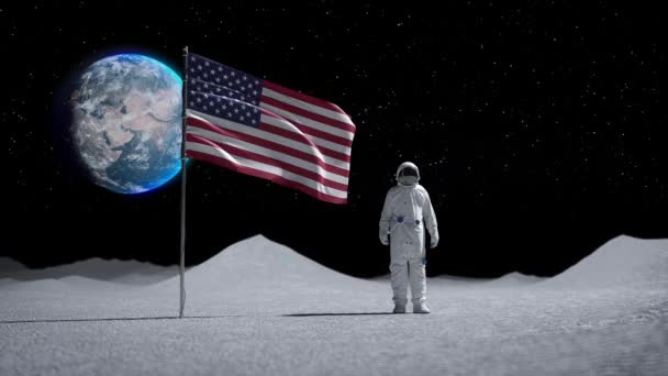 Astronaut walking on the moon surface. Space suit helmet. 3d render — Stock Video