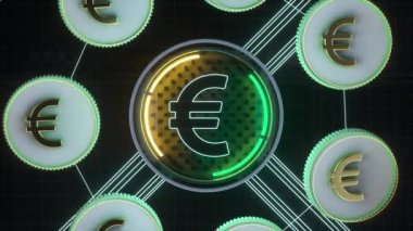 Euro dijital para birimi sembolü. Döngü 3 boyutlu animasyon. İş ve finans kavramı