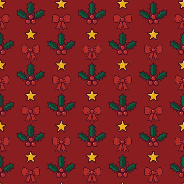 Christmas holly berry seamless pattern. Stars, bows and holly on red background — 图库矢量图片