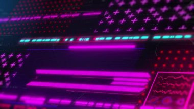 Retrowave tarzı bilgisayar ekranı arayüzü. Gelecekçi hud 3d döngü animasyonu.