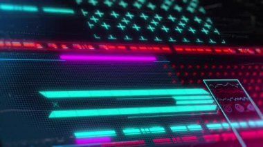 Retrowave tarzı bilgisayar ekranı arayüzü. Gelecekçi hud 3d döngü animasyonu.