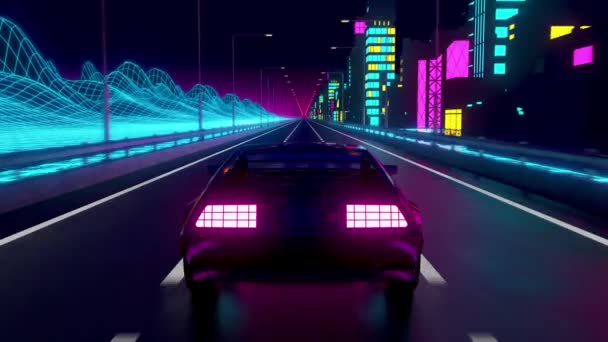 80s retrowave tło animacja 3d. Futurystyczne neonowe koło samochodu z bliska. — Wideo stockowe