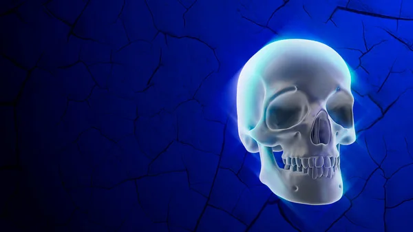 Ragyogó emberi koponya kék háttérrel, repedésekkel. Halloween dekoráció — Stock Fotó