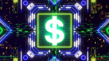 Sanal para madenciliği konsepti. Hata arka planında neon dolar sembolü